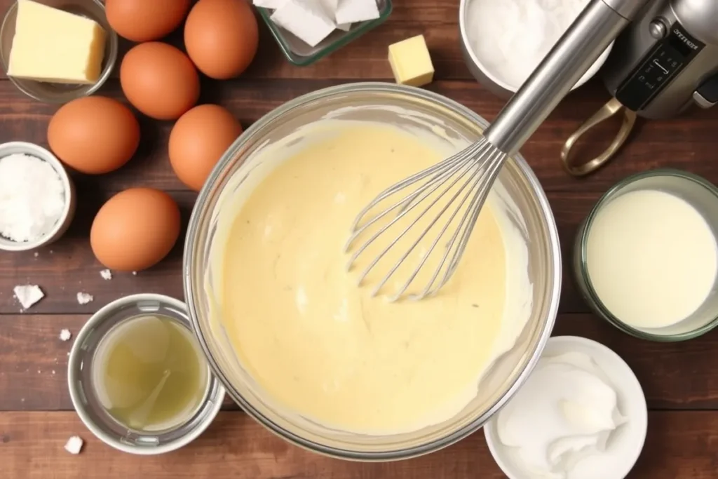 Mixing batter for Madeline cookies with cream	