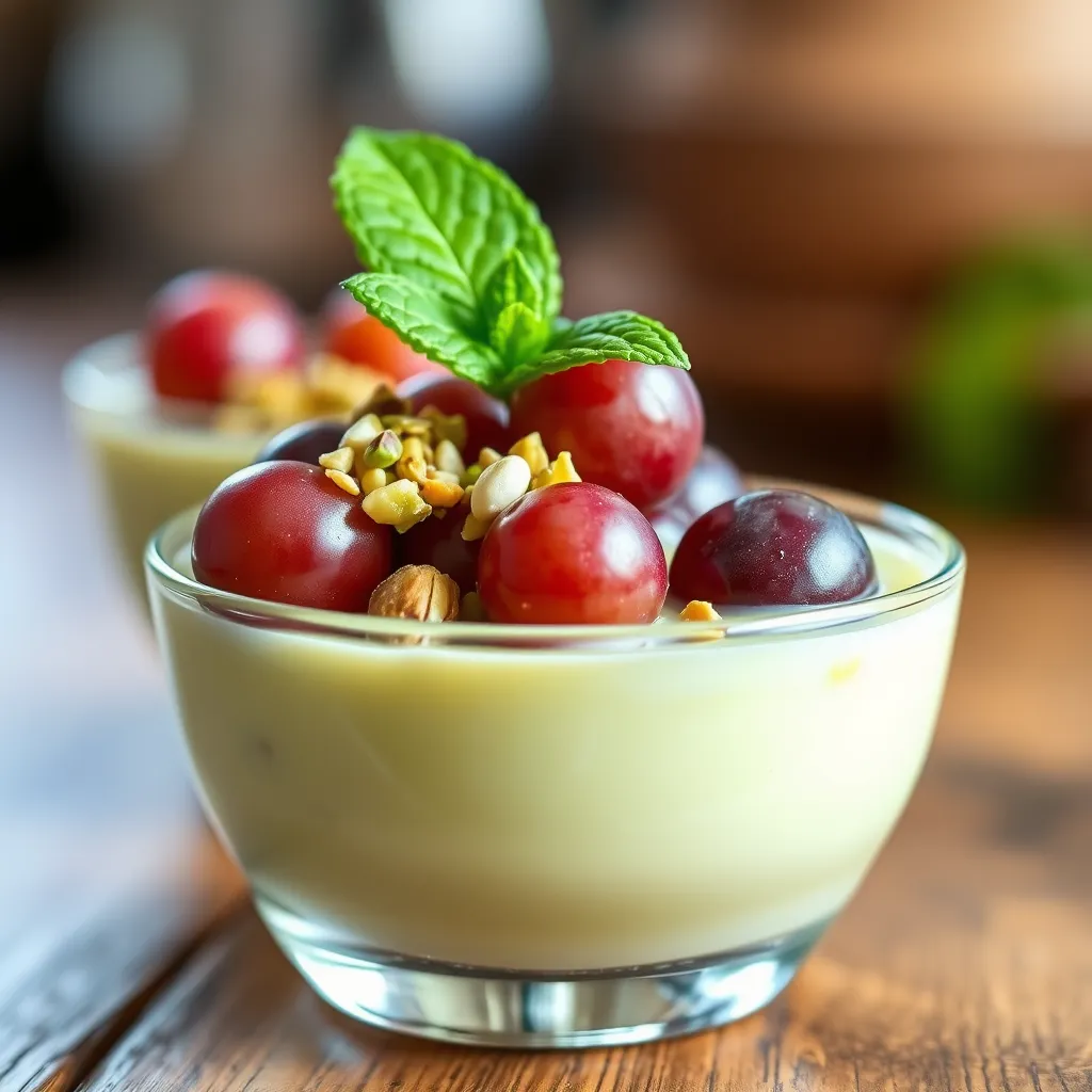 Pistachio pudding recipe with grapes served in a glass cup