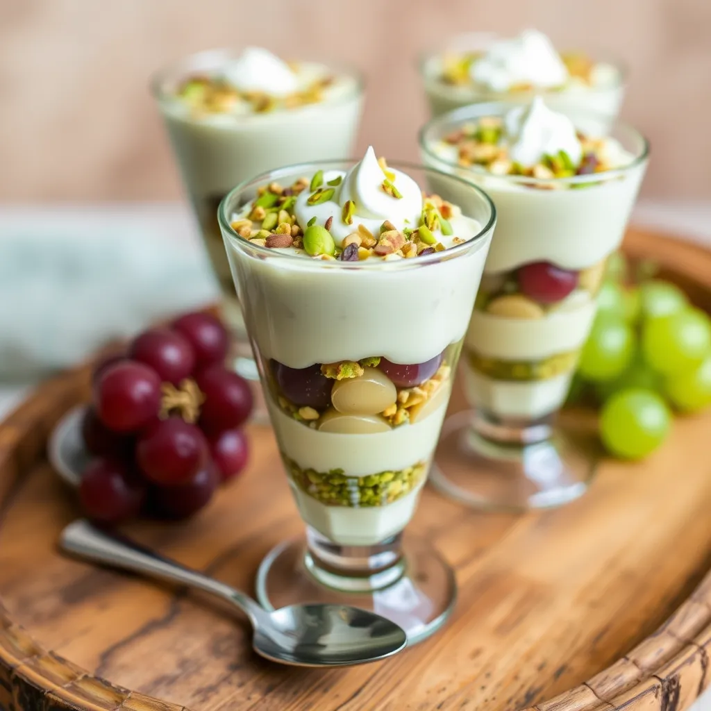 Pistachio pudding parfait with layers of fruit and nuts	