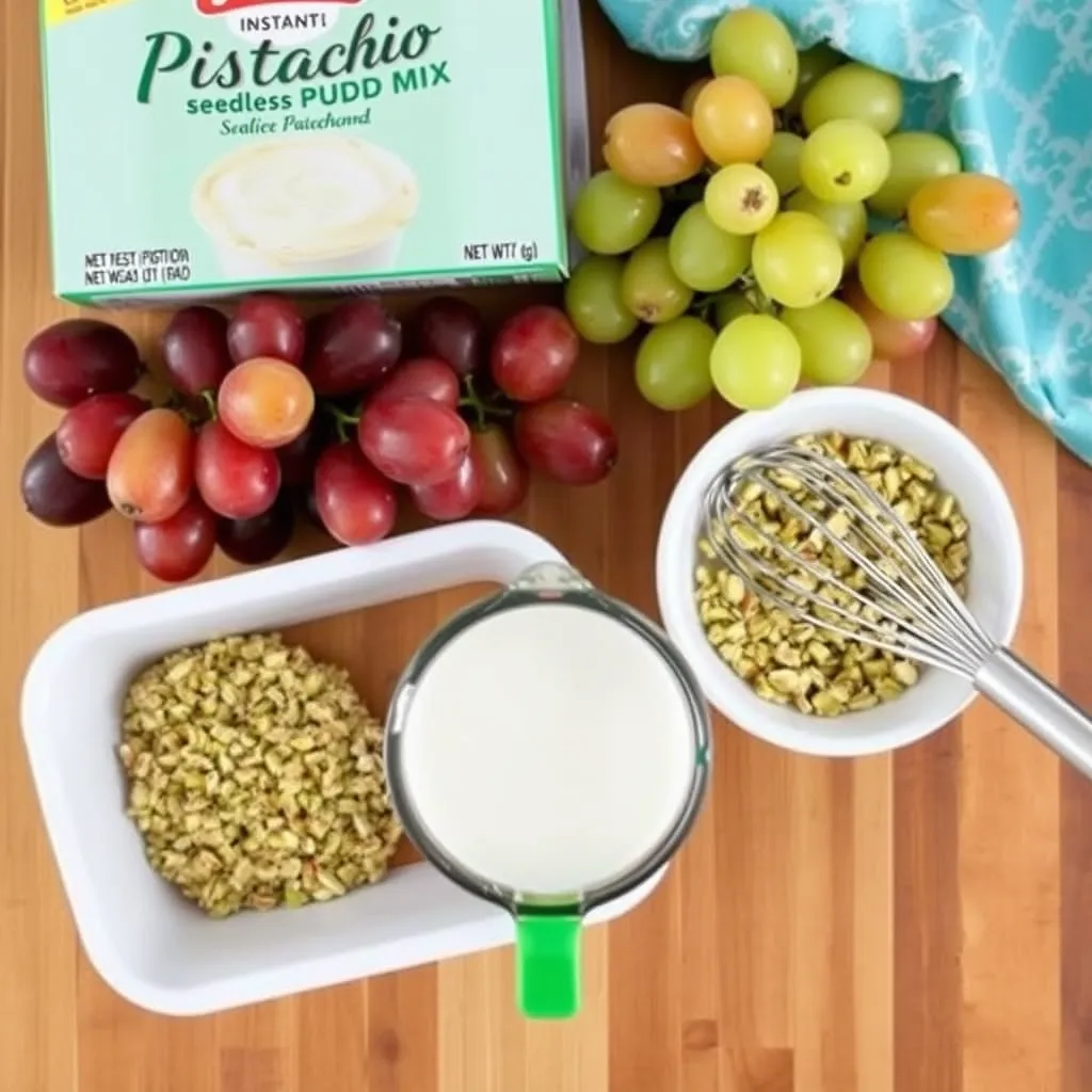 Pistachio pudding mix and fresh grapes on a kitchen counter	