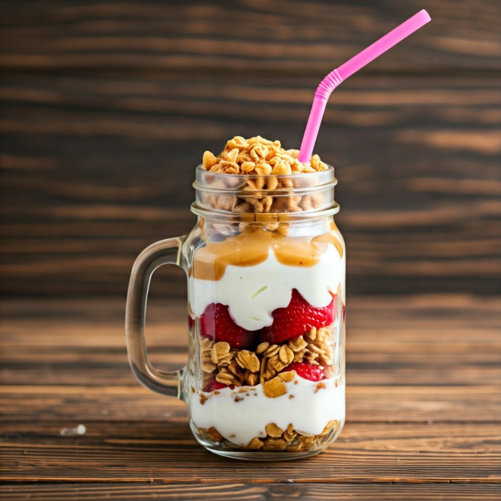 PB&J breakfast parfait with granola and fresh fruits	