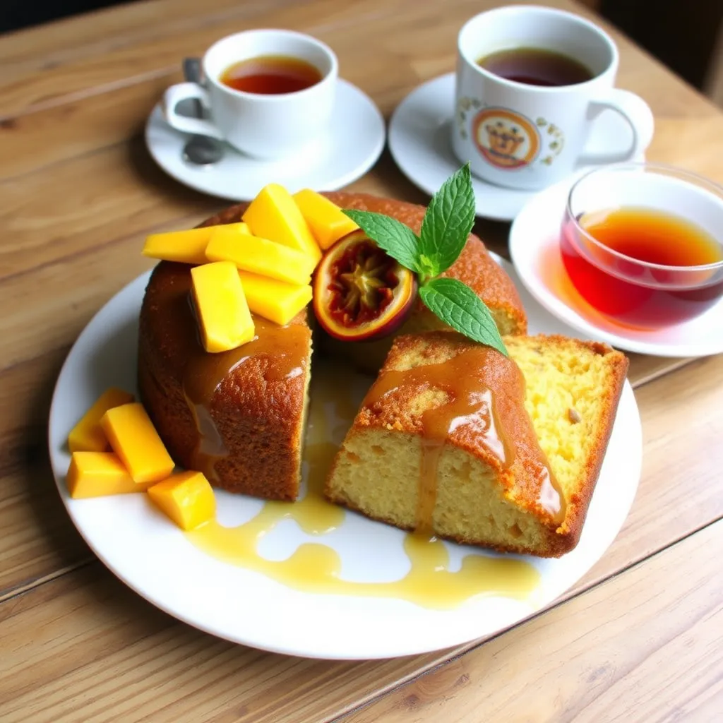 Caribbean Festival Rum Cake Served with Tropical Fruits	