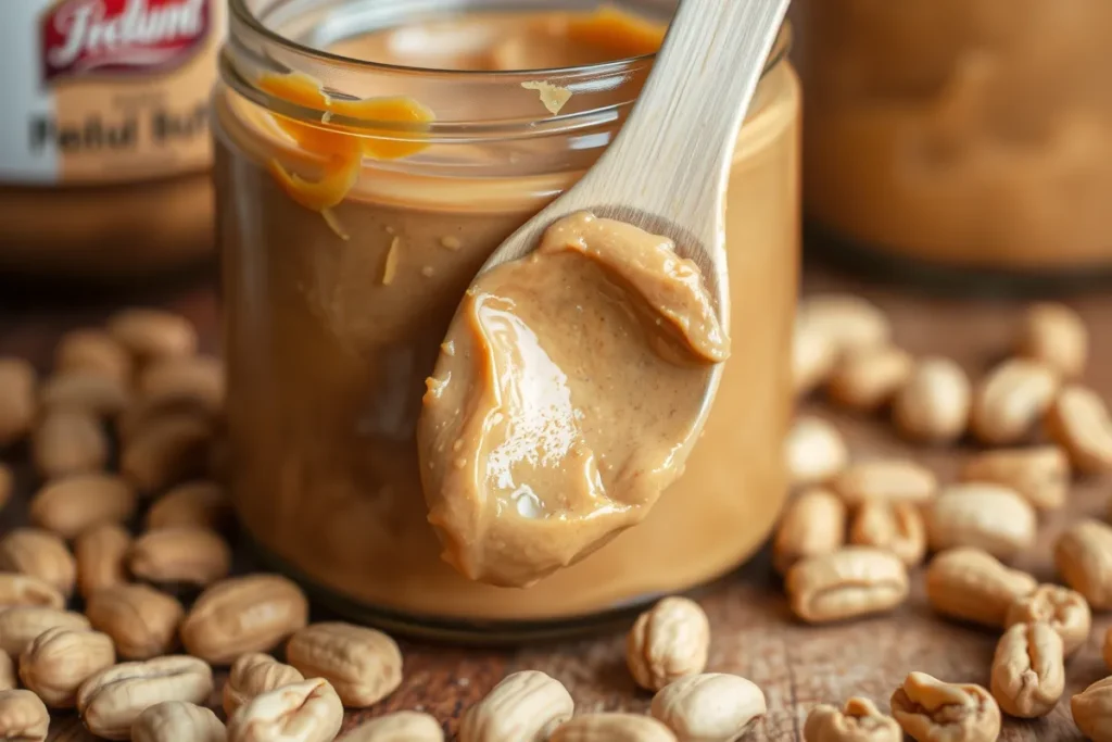 Natural peanut butter jar with spoon	