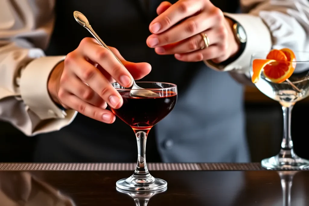 Making a Black Manhattan cocktail	