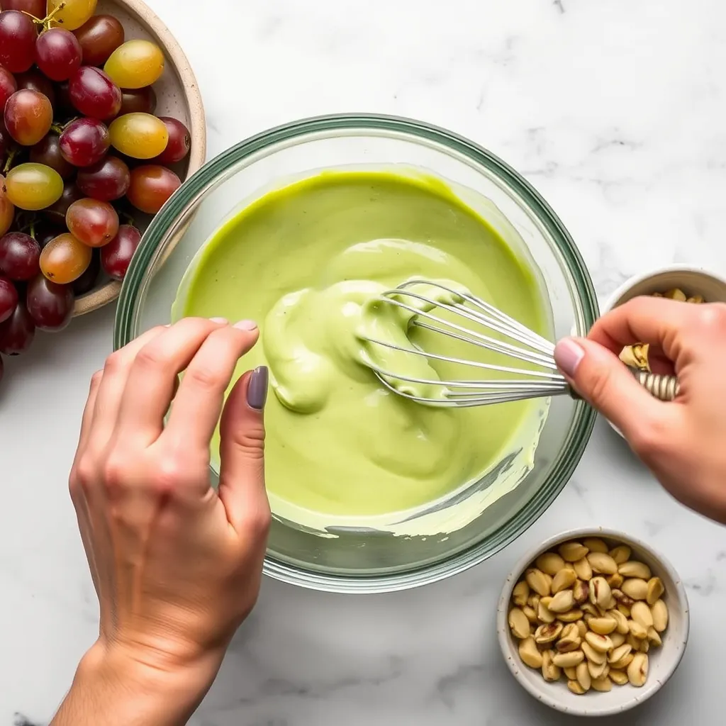 Mixing pistachio pudding in a glass bowl	