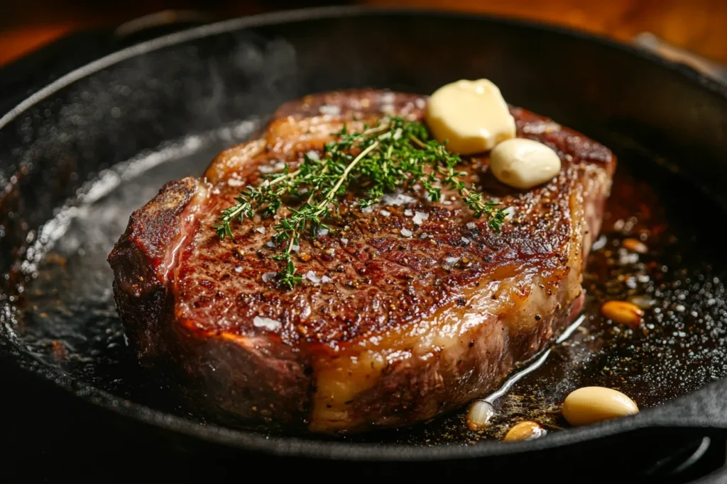 Searing ribeye roast in a cast iron pan	