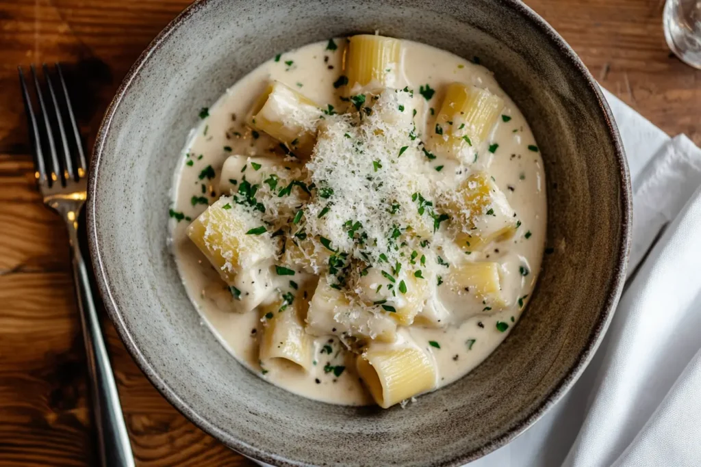 Plated Rigatoni alla Grassa with Garnish	