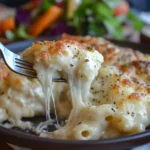 A plated serving of Union Mac and Cheese with a fork lifting a gooey, cheesy bite, accompanied by a fresh side salad and roasted vegetables.