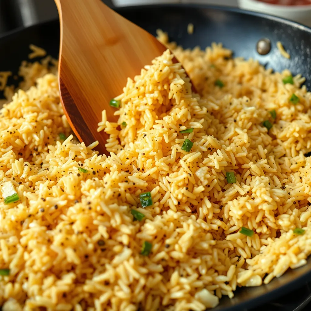 Perfectly separated grains of Anjappar Egg Fried Rice being tossed in a wok	