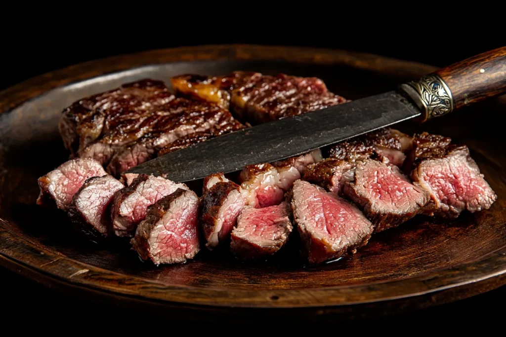 Carving the ribeye roast into thick slices	