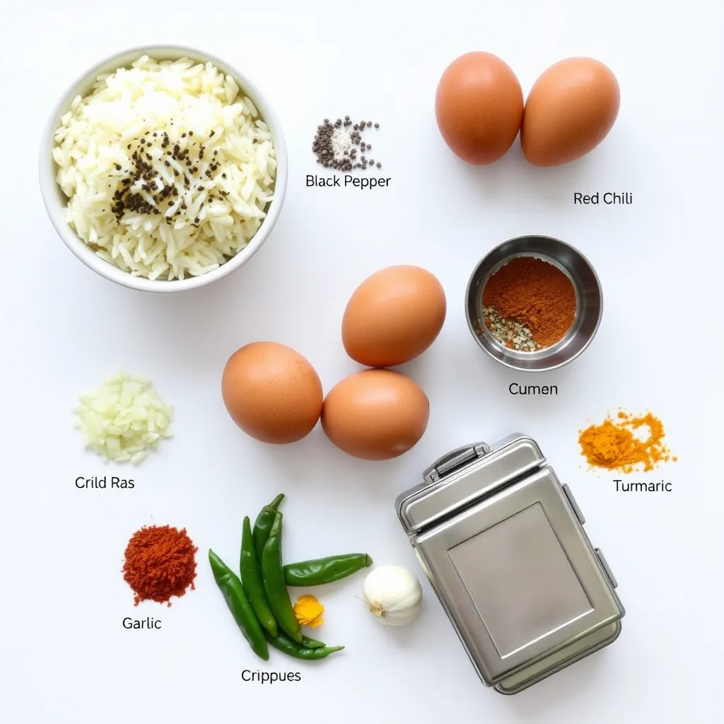 Anjappar Egg Fried Rice Ingredients laid out on a wooden surface	