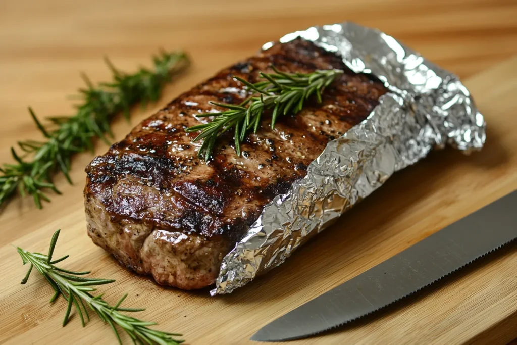 Ribeye roast resting on a wooden board	