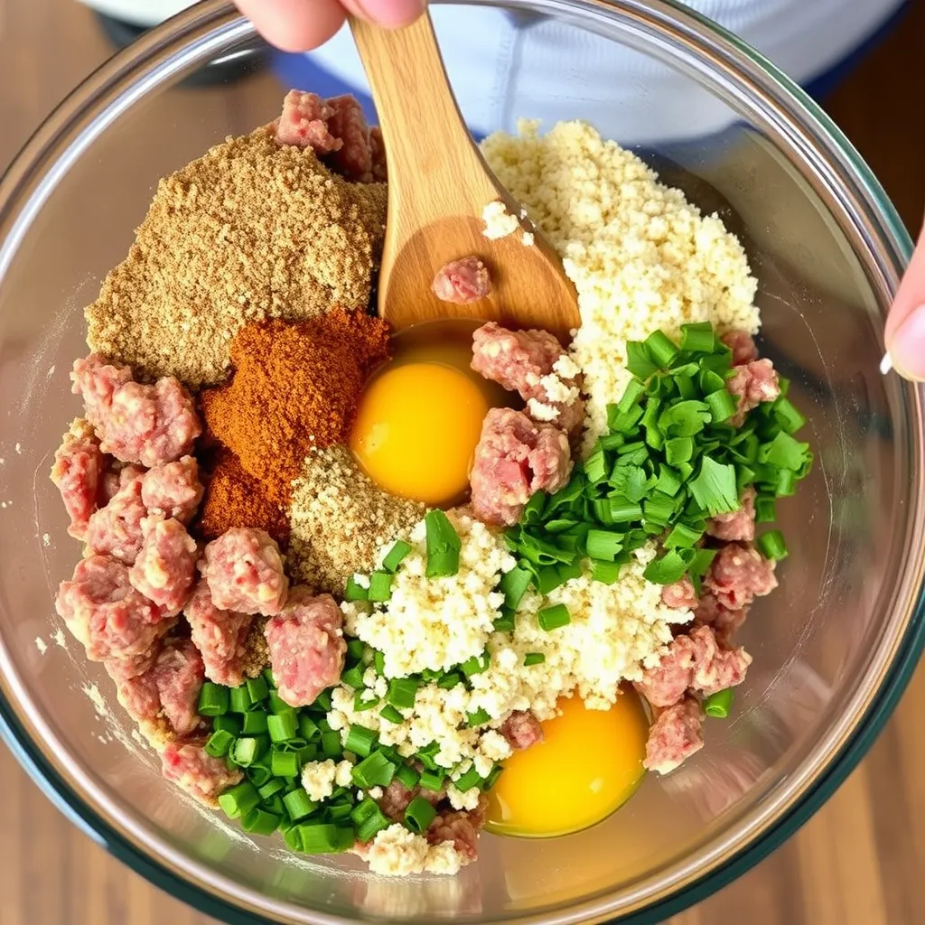 Hands mixing Creole meatloaf mixture in a bowl	