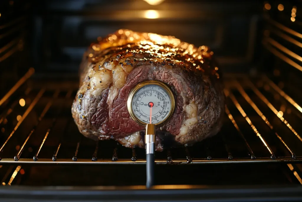 Ribeye roast cooking in oven with thermometer	