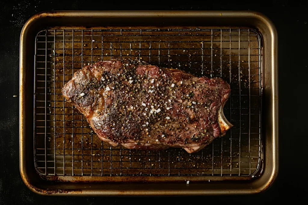 Seasoned boneless ribeye roast ready for oven	