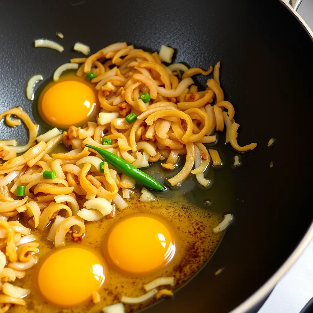 Eggs being scrambled in a wok with Indian spices	