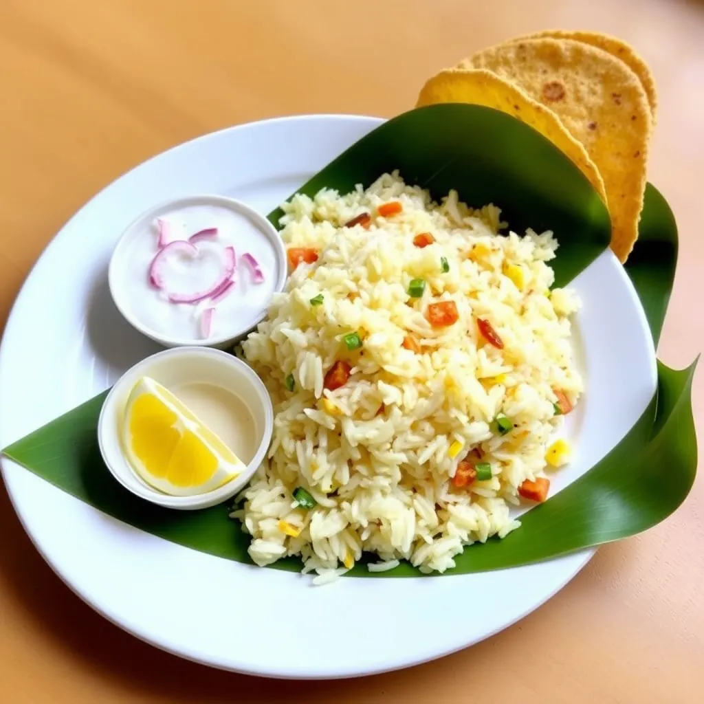 Anjappar Egg Fried Rice served with raita and papadum	