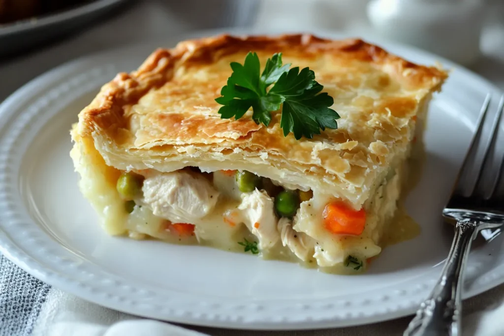 Sliced Pillsbury Chicken Pot Pie on a serving plate	