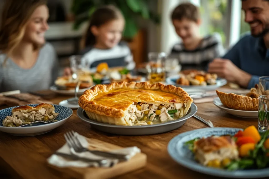 Family enjoying a homemade Pillsbury Chicken Pot Pie meal	