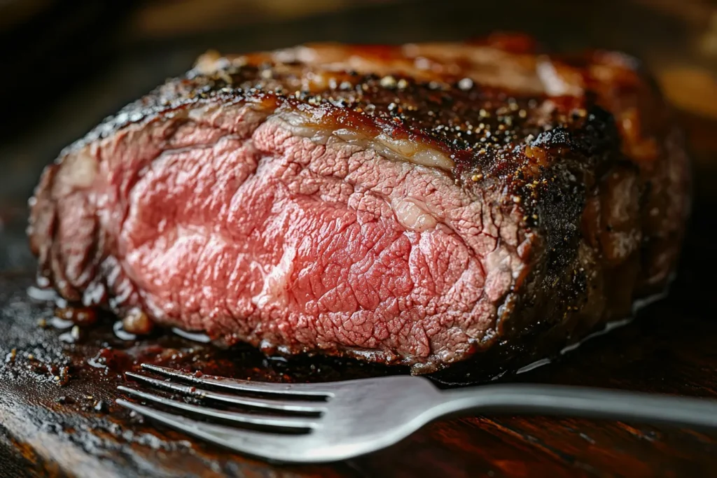 Close-up of juicy, medium-rare ribeye roast slice	