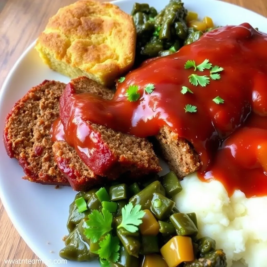 Creole meatloaf plated with cornbread and collard greens	