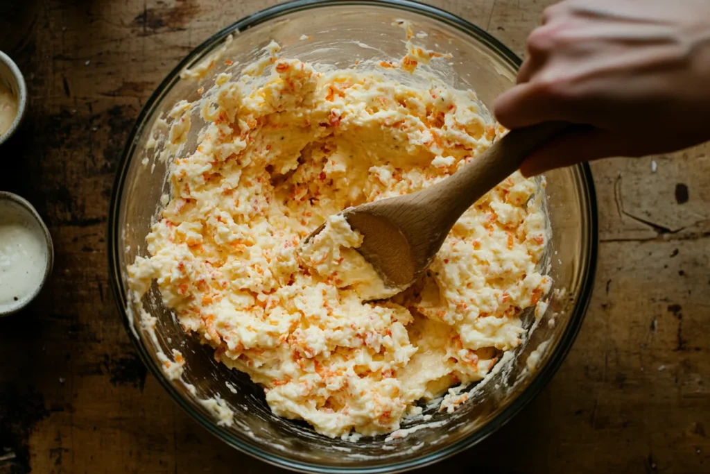 Mixing Masters Pimento Cheese in a bowl	