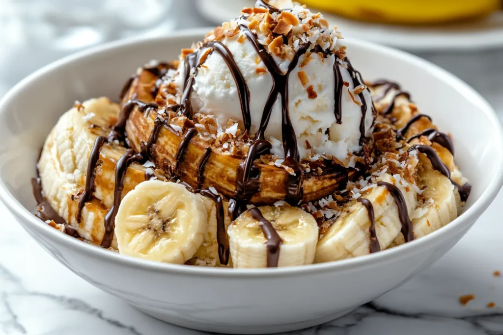 Gourmet banana split bowl presentation	