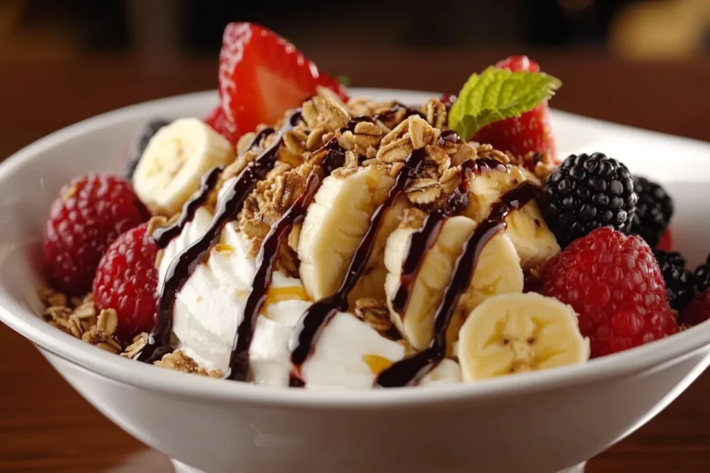 Healthy banana split bowl with yogurt	