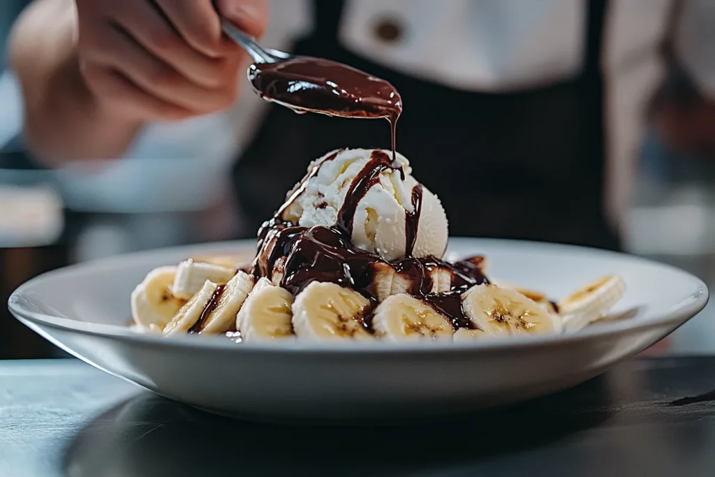 Plating a banana split bowl	