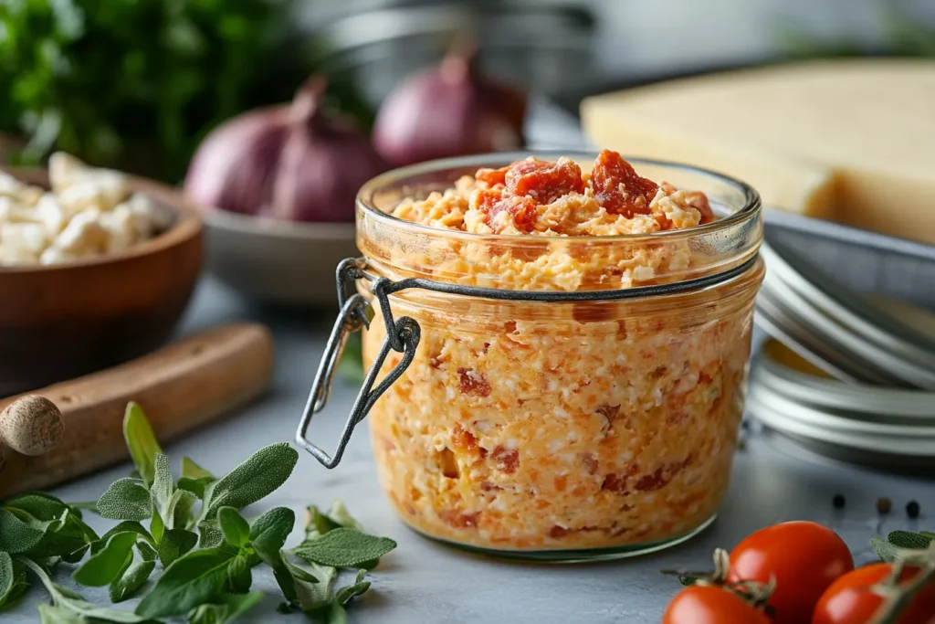 Masters Pimento Cheese in a glass jar for storage	