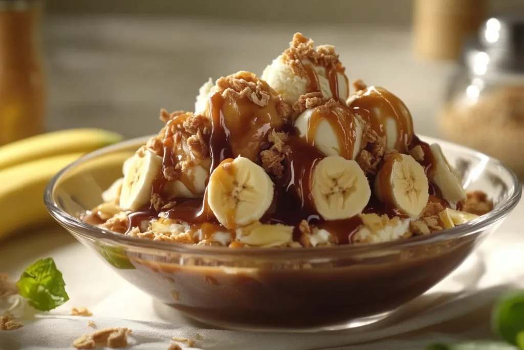 Classic banana split in a bowl	