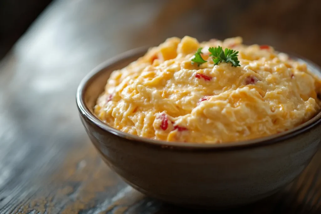 Close-up of creamy Masters Pimento Cheese spread	